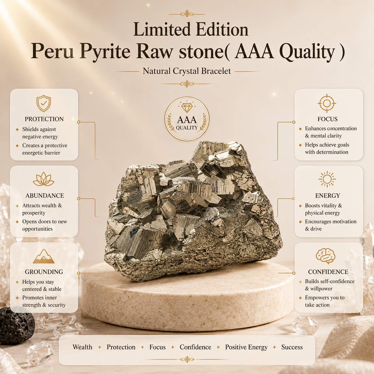 Peru Pyrite Raw Stone AAA product infographic