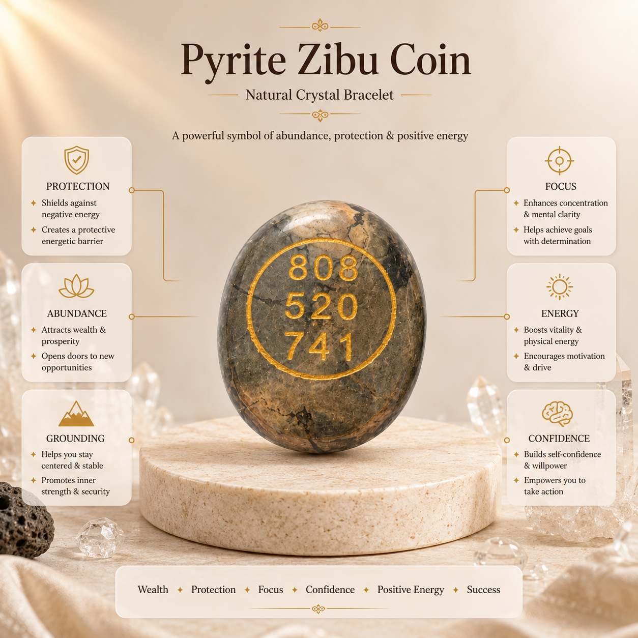 Pyrite Zibu Coin product infographic