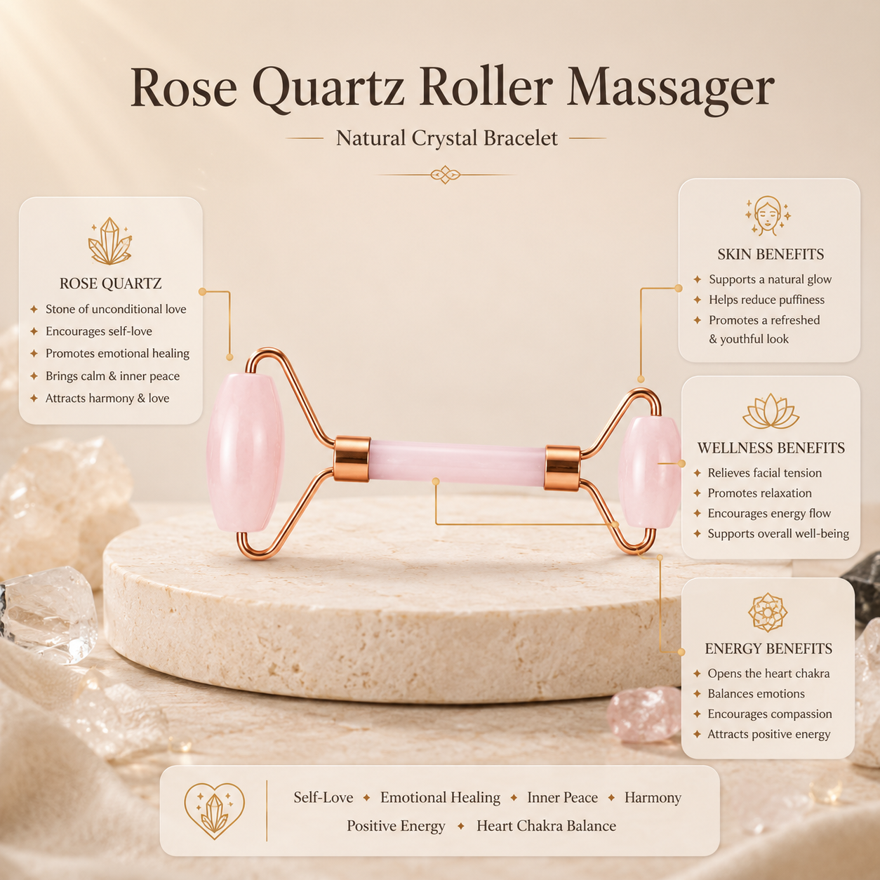 Rose Quartz Roller Massager product infographic
