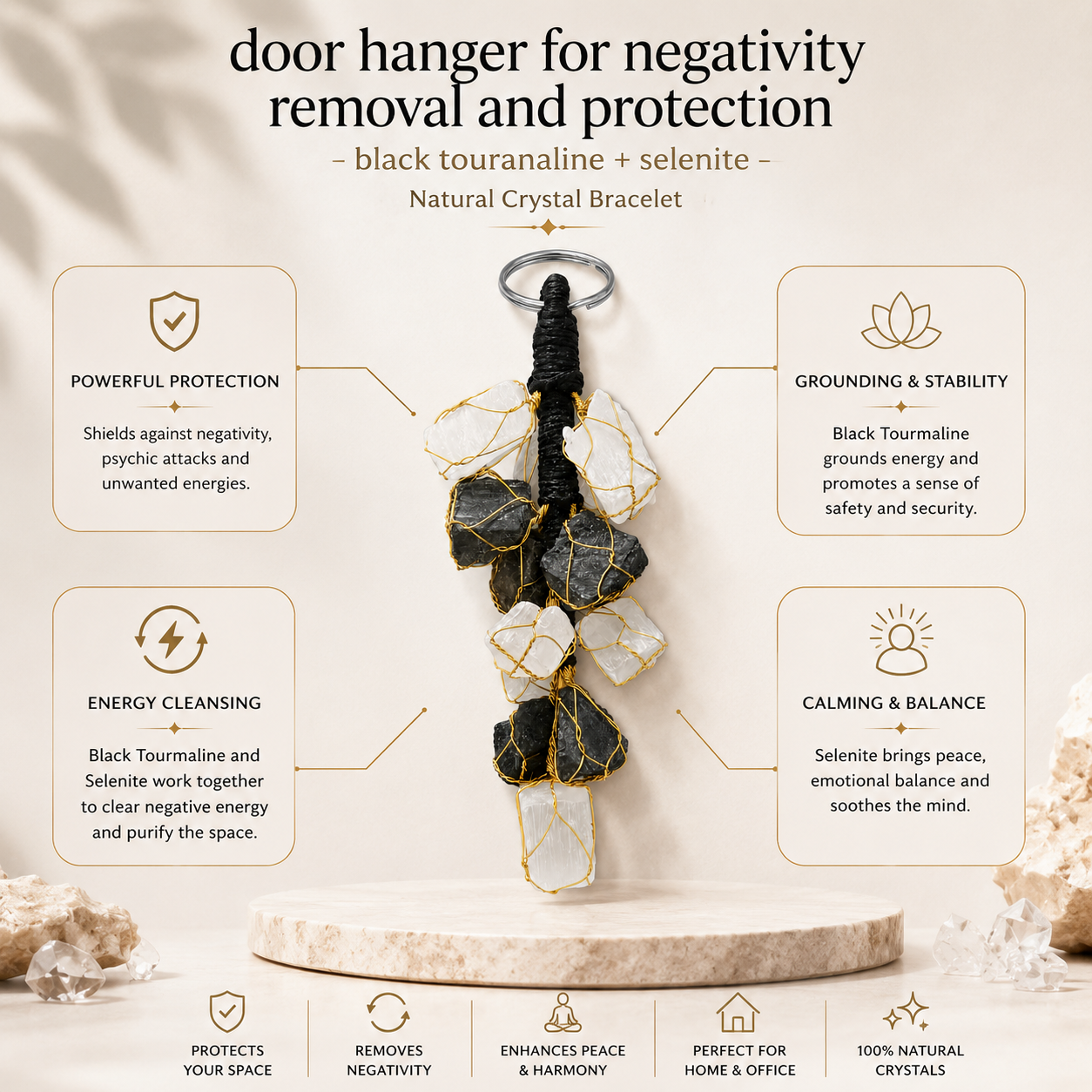 Selenite & Black Tourmaline Door Hanger product infographic