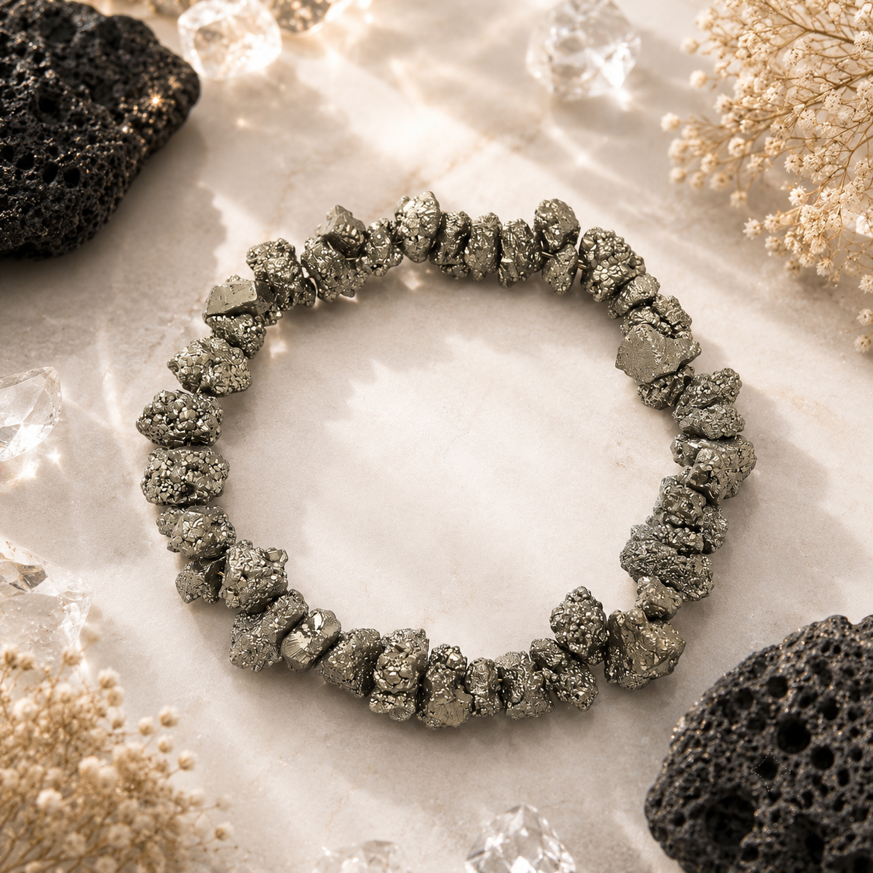 Raw Pyrite Bracelet in a premium styled product composition