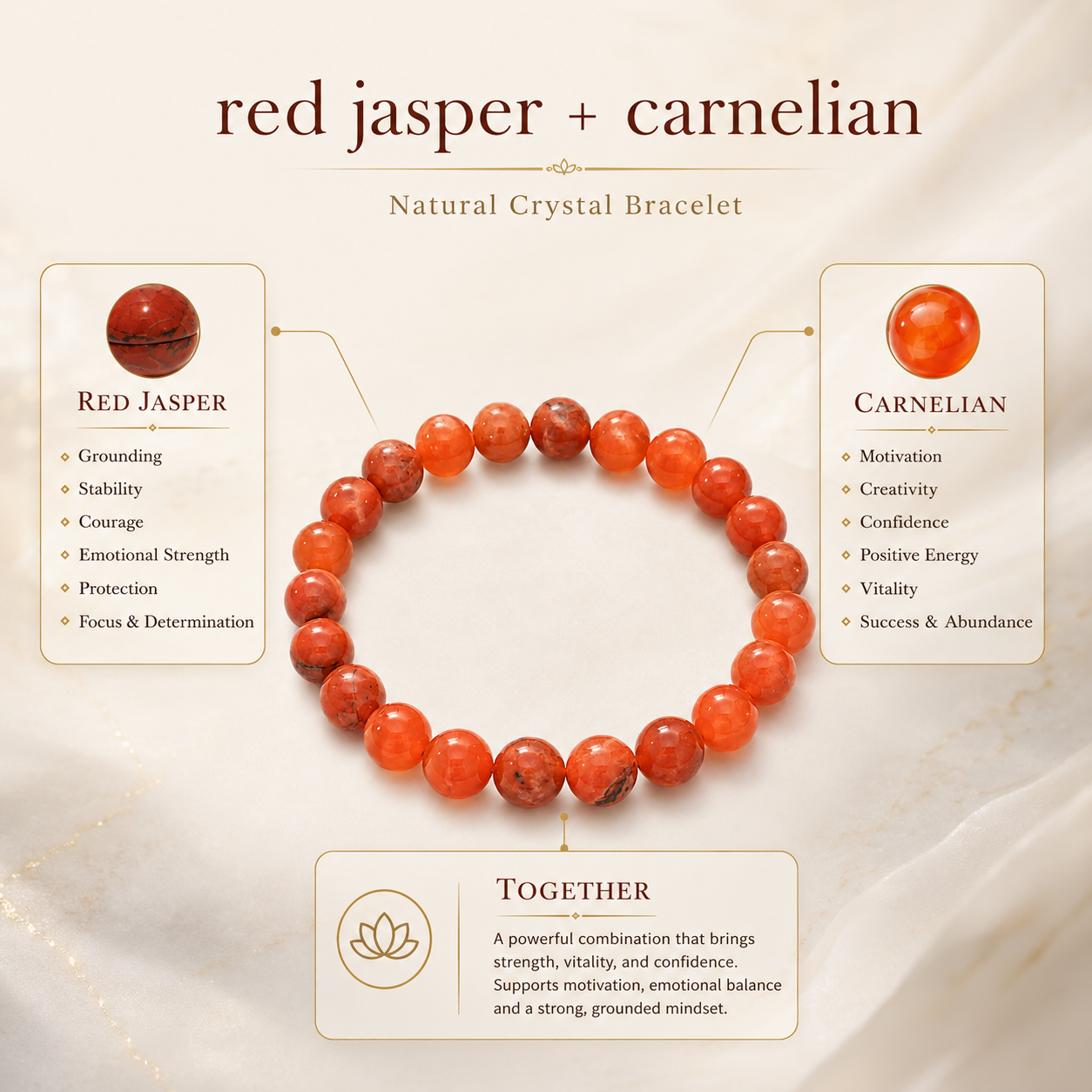 Red Jasper + Carnelian Bracelet product infographic showing key crystal associations