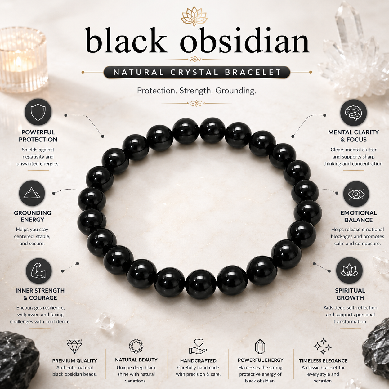 Black Obsidian Bracelet product infographic showing key crystal associations