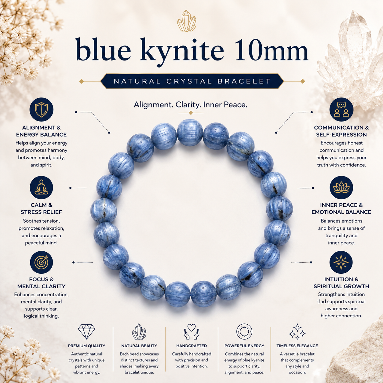 Kyanite Crystal Bracelet product infographic showing key crystal associations