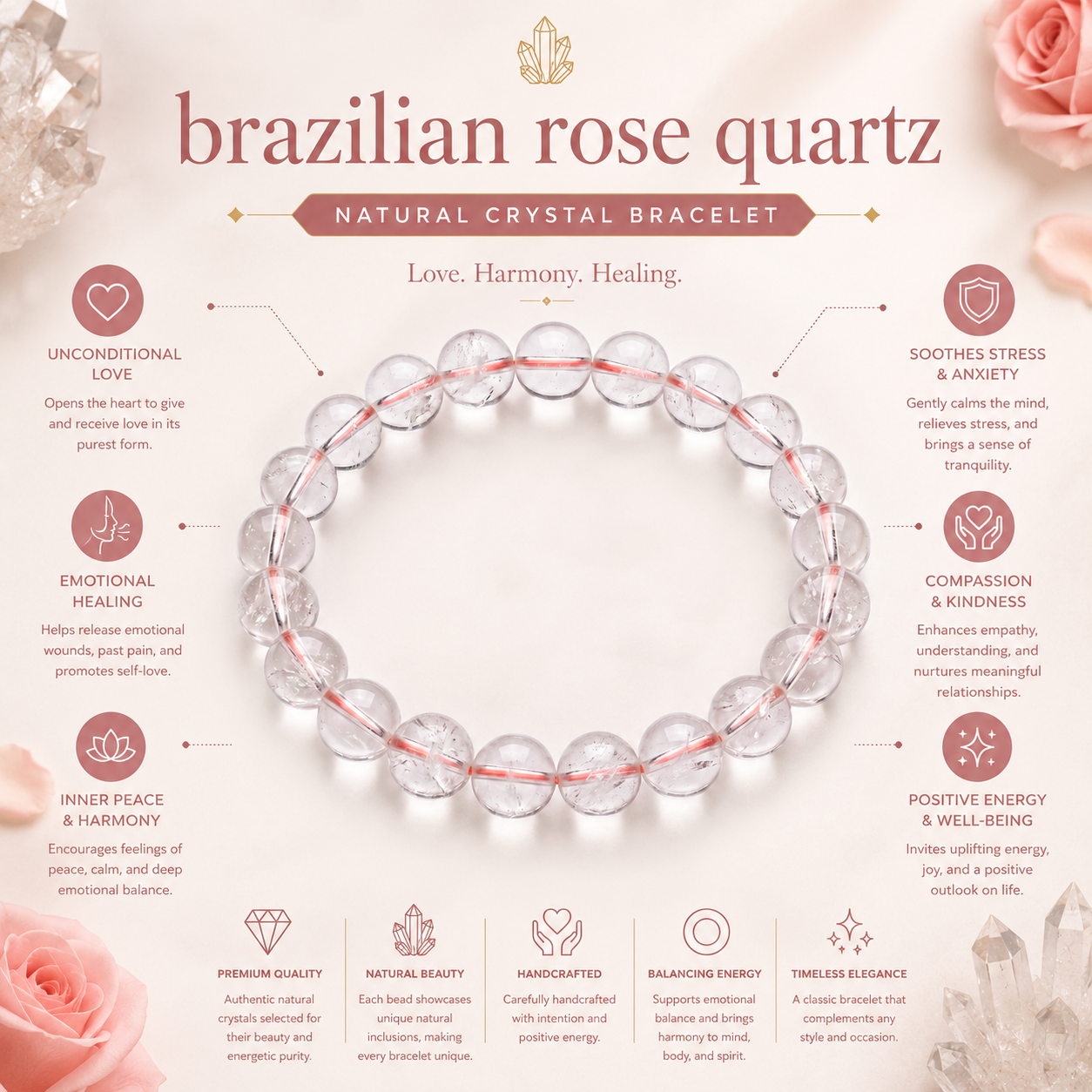 Brazilian Rose Quartz Bracelet product infographic showing key crystal associations