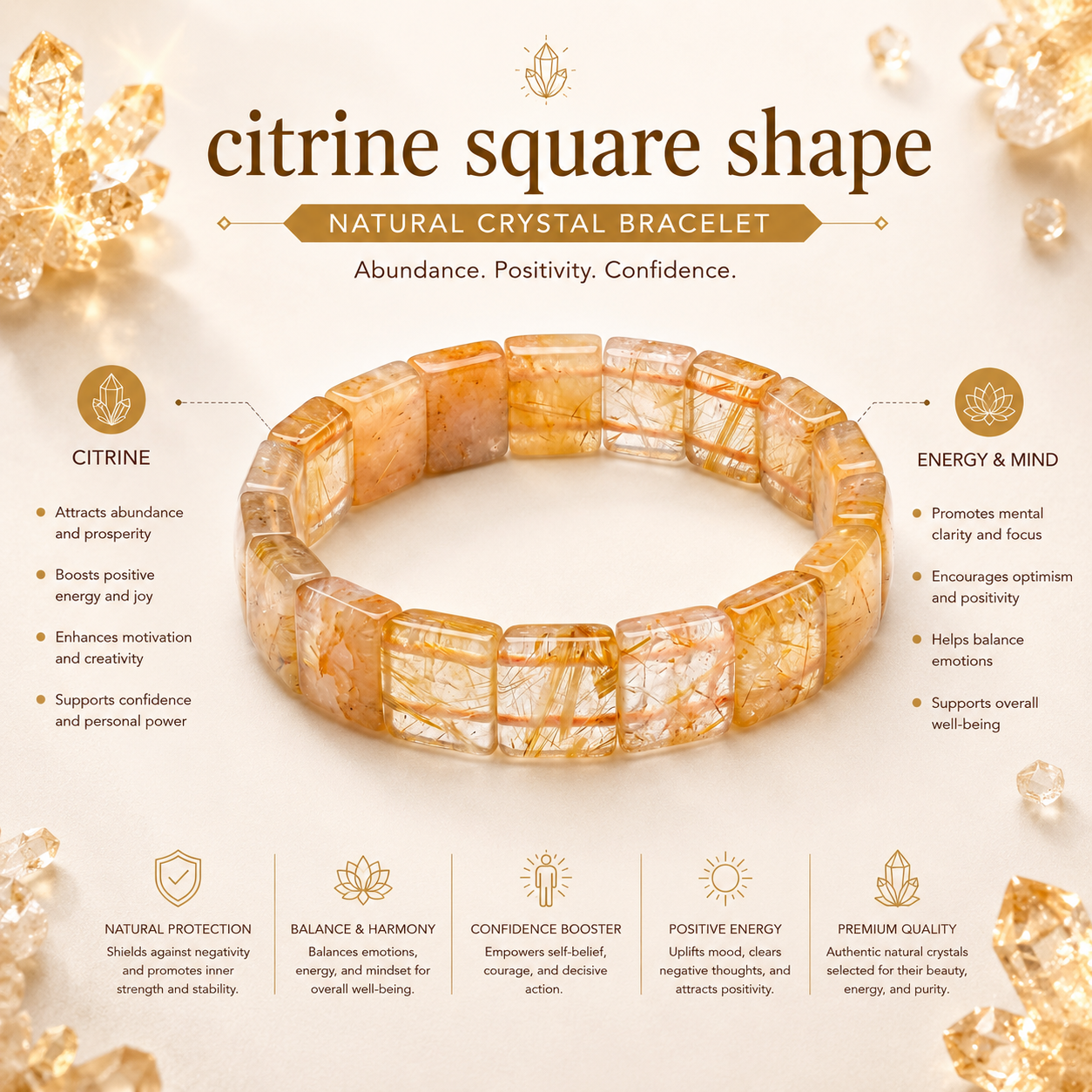 Citrine Square Shape Bracelet product infographic showing key crystal associations