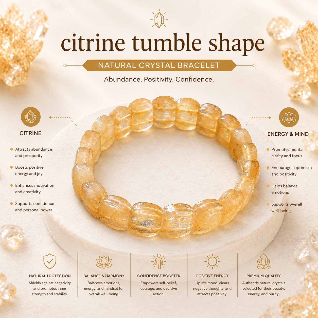 Citrine Tumble Shape Bracelet product infographic showing key crystal associations