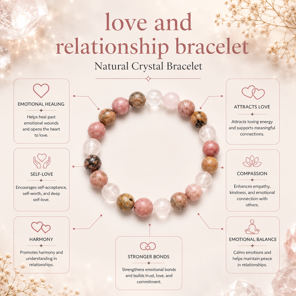 Love and Relationship Bracelet product infographic showing key crystal associations