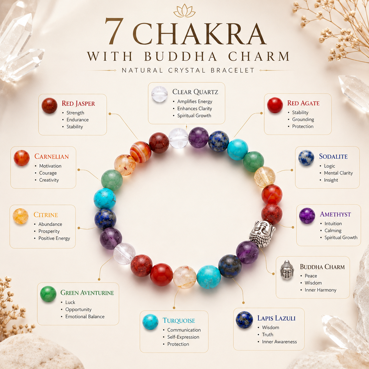 Seven Chakras with Buddha Charm Bracelet product infographic showing key crystal associations