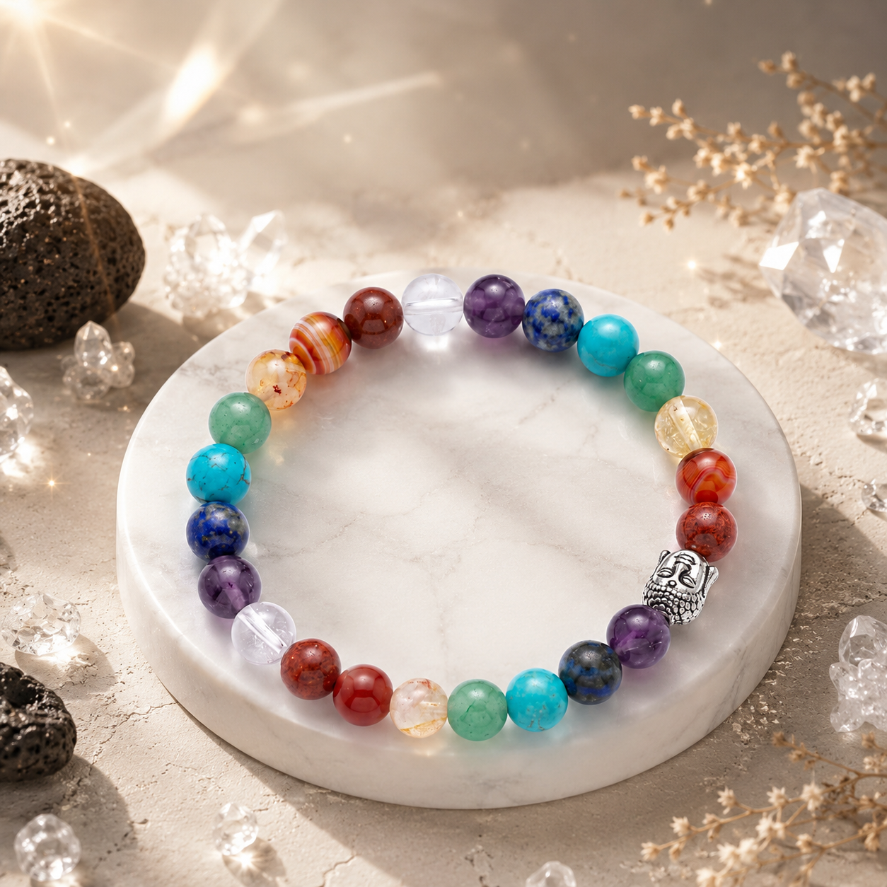 Seven Chakras with Buddha Charm Bracelet in a premium styled product composition