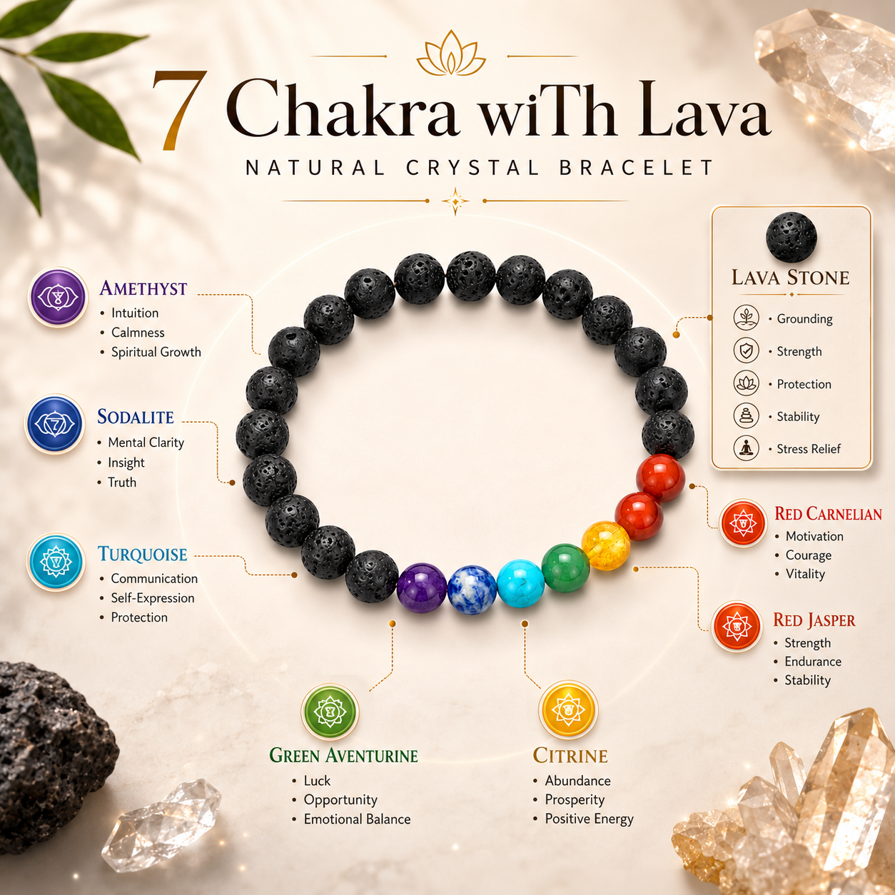 Seven Chakras with Lava Bracelet product infographic showing key crystal associations
